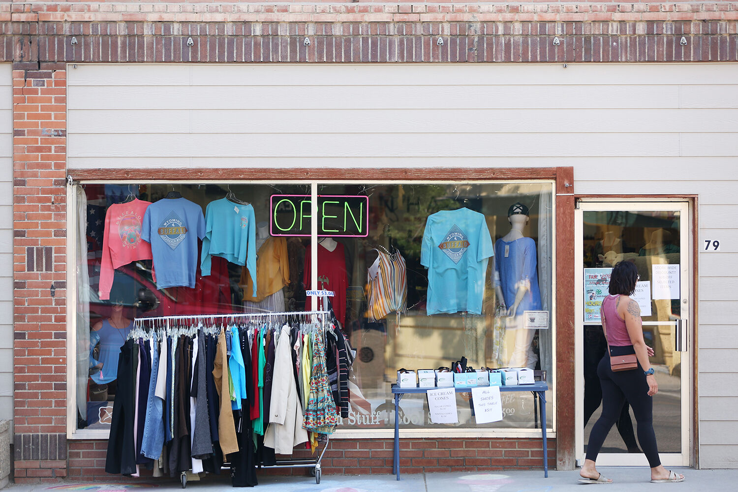 Clothes racks and tables of products